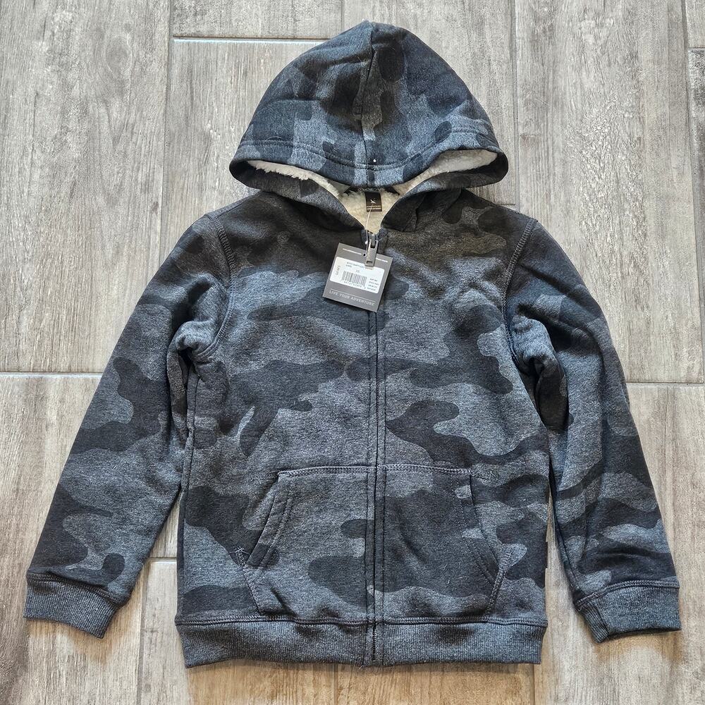 Eddie Bauer Boys Sherpa Lined Camp Hoodie XS Gray Camo‎ Zip Up NEW Winter Warm